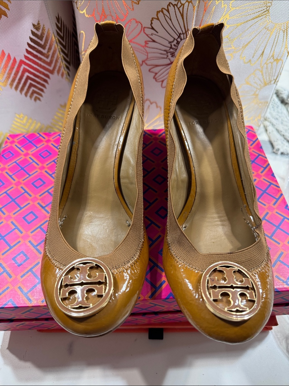 Tory Burch Caroline Mustard Patent Leather Logo Ballet Flats